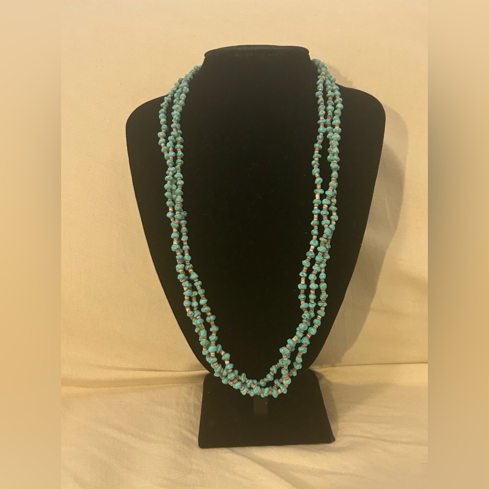Sterling Silver Sleeping Beauty Turquoise Nugget Multi Strand Navajo Necklace